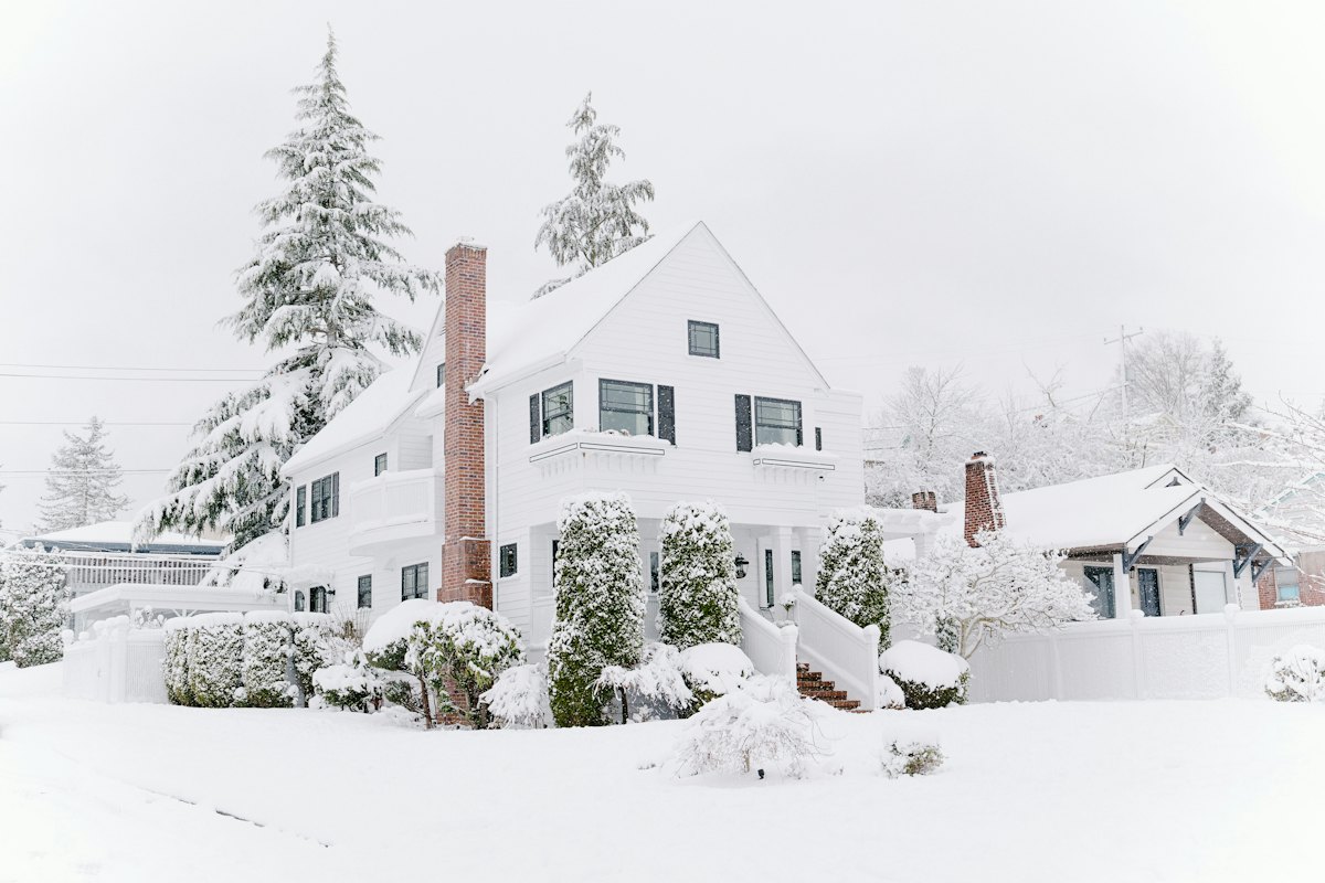 Brick house and evergreens covered in fresh snow