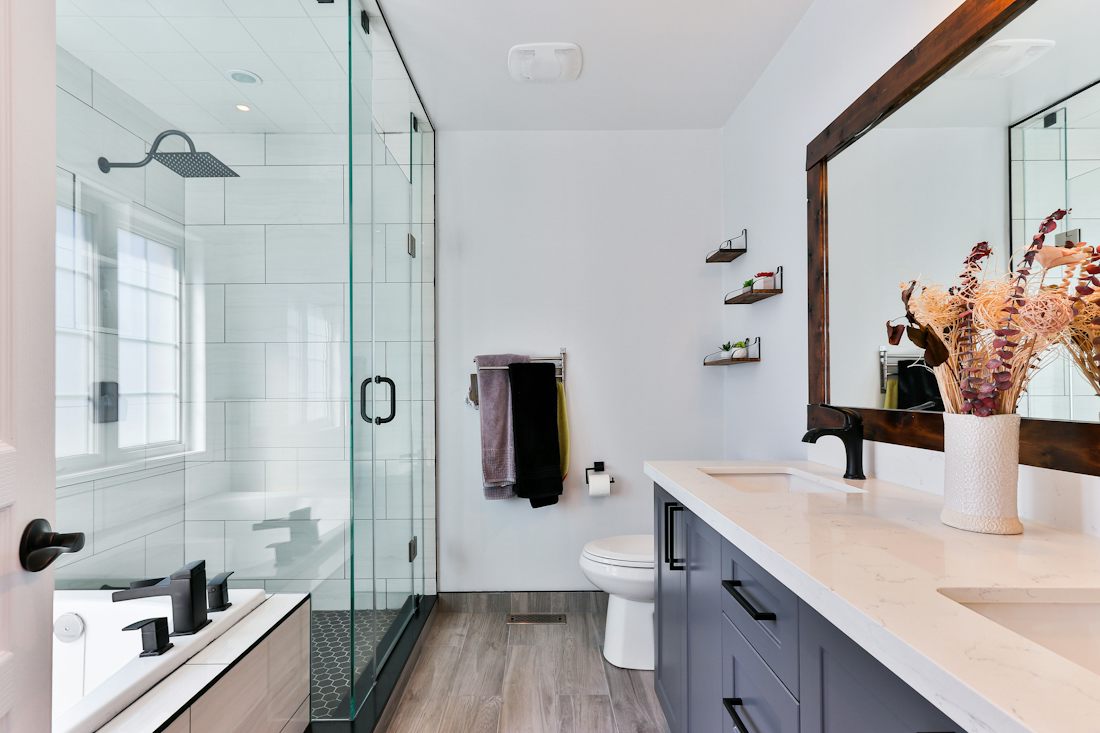 Modern renovated bathroom with walk in shower and vanity